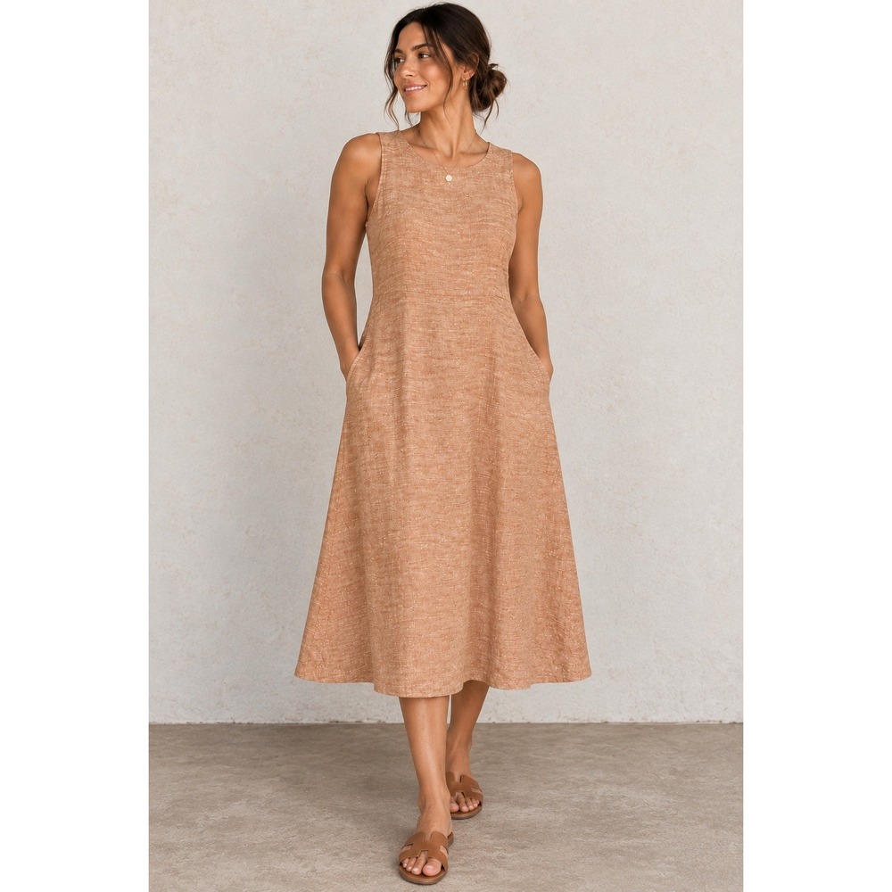 J Jill Pure Jill S 100% Linen Midi Dress SableTerracota A-Line Pockets Lagenlook